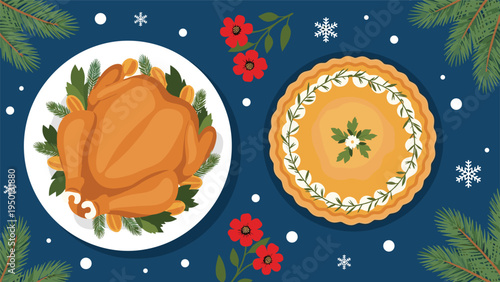 Overhead view of a traditional festive meal featuring a roasted turkey on a platter and a golden pumpkin pie for the holidays.