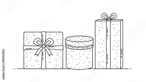 Minimalist line drawing of three wrapped gift boxes of different shapes and sizes tied with ribbons on a plain white background.