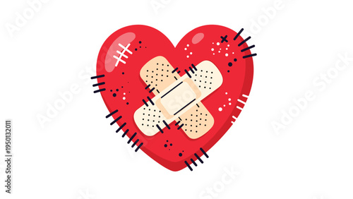 Red heart character covered in bandages and stitches symbolizing emotional healing heartbreak recovery or medical surgery on a white background.