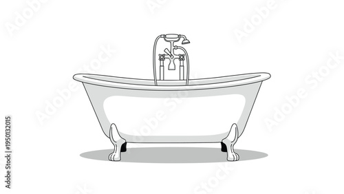 Classic white clawfoot bathtub with a vintage silver faucet and shower head assembly isolated on a white background for bathroom design.