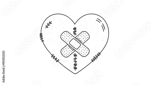 Heart with stitches and an X of bandages shown in black and white line art symbolizing healing from emotional or physical pain.