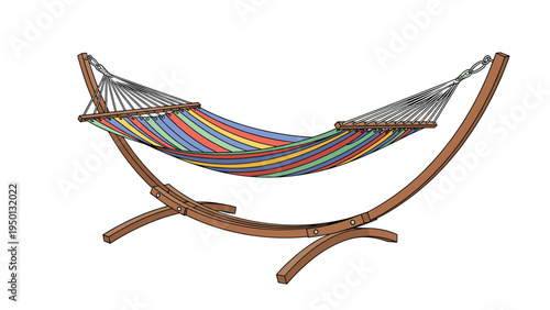 Outdoor hammock made of colorful striped fabric hanging on a sturdy wooden arched stand for relaxation in the garden or patio.