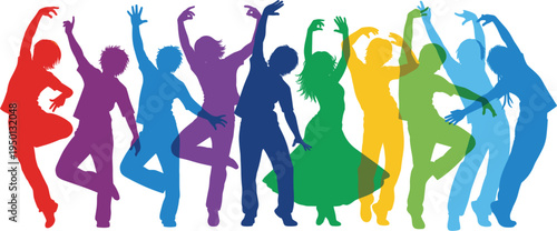 Colorful dancing people silhouettes collection, happy party crowd dancing poses, vibrant youth dance group illustration, festival celebration concept vector