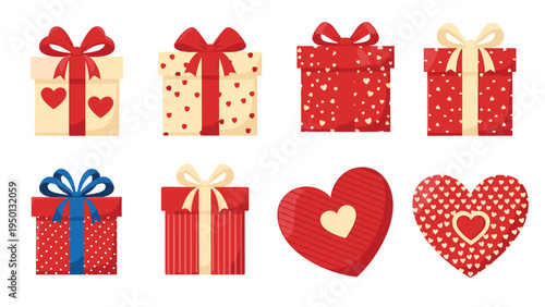 Set of eight colorful gift boxes and heart tins with various patterns bows and ribbons for valentines day or festive holiday designs.