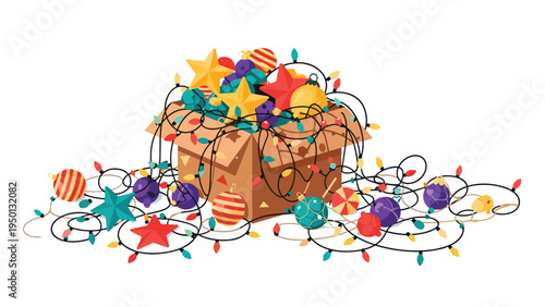 Cardboard box overflowing with colorful Christmas ornaments stars and a tangled string of glowing festive fairy lights on a white background.