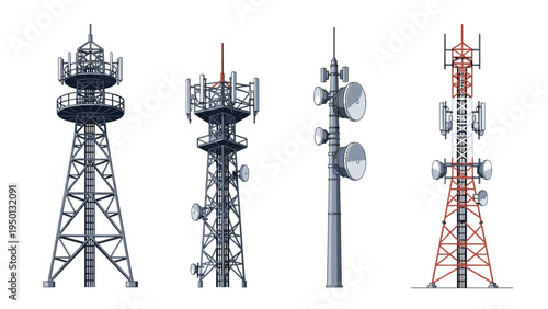 Four different types of telecommunication towers and cellular masts shown as detailed illustrations for technology and infrastructure themes.