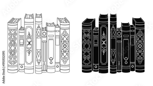 Collection of old vintage books on a shelf shown in black and white line art and silhouette styles for library or bookstore themes.