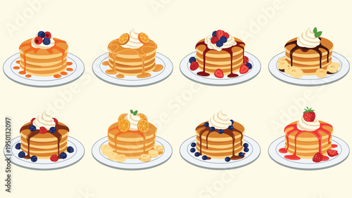 Assorted plates of delicious pancakes topped with various fruits like berries strawberries oranges and bananas with whipped cream or syrup.