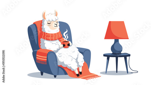 Cute white llama or alpaca character relaxing in a cozy armchair with a red scarf and drinking a hot cup of coffee or tea.