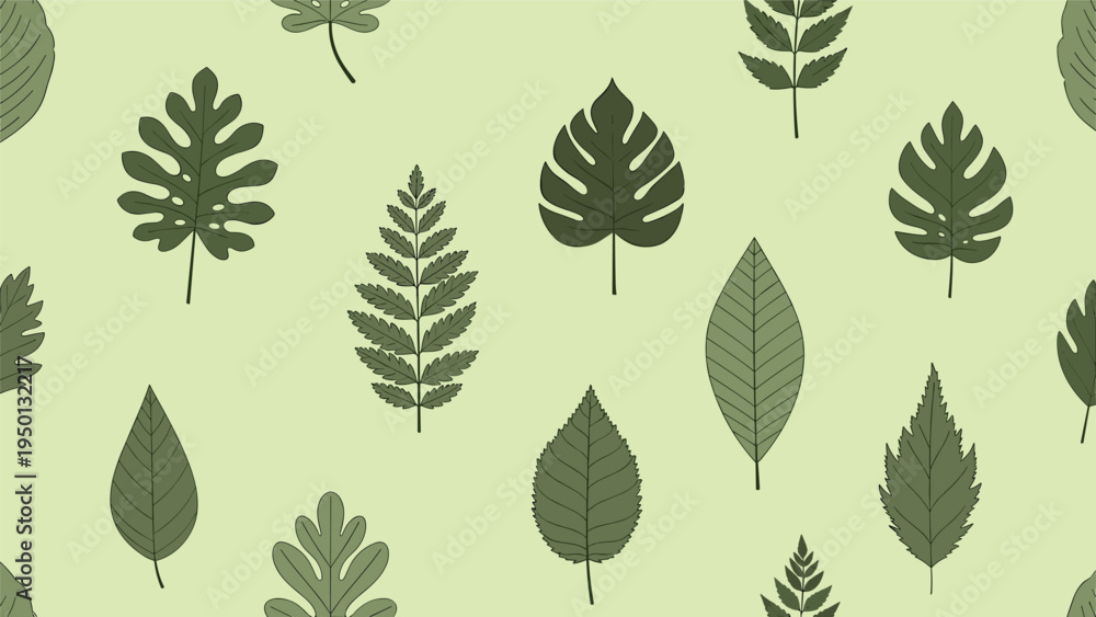 Naklejka premium Seamless pattern with various types of green leaves like monstera, fern, and oak on a light green background for nature themes.