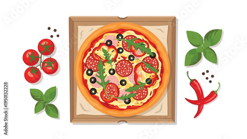 Top view of a delicious pizza in a cardboard box with fresh tomatoes, basil, chili peppers, and black peppercorns on white.
