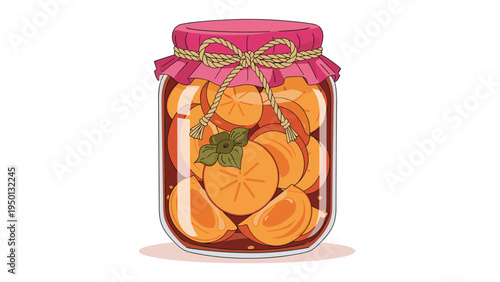 Glass jar filled with persimmon jam and slices of fruit, decorated with a pink paper lid and a rope bow on white.