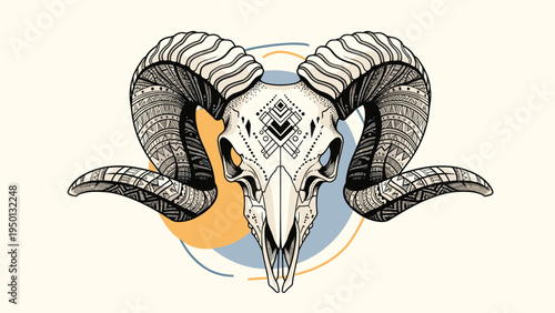 Stylized ram skull with intricate geometric patterns on horns and forehead set against a sun and moon background.