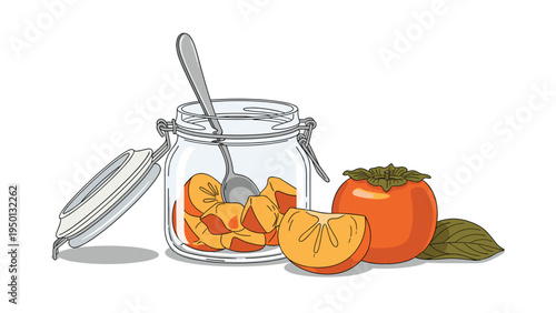 Glass jar with a metal clamp and spoon filled with persimmon pieces next to whole fruit and green leaves on white.