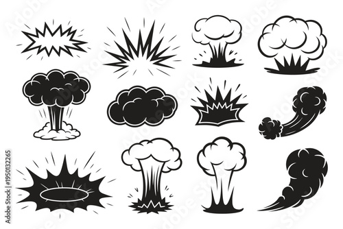 Smoke VFX illustration set, 2D special effects clipart featuring explosion steam clouds mist fog dust vapor and animation template elements.