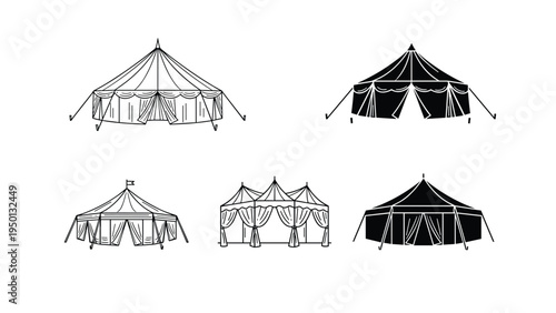 Collection of circus tent silhouettes in various styles and shapes including classic round and pavilion designs for outdoor event branding.