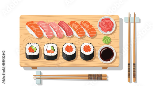 Sushi set with nigiri and maki rolls served on a wooden board with ginger, wasabi, soy sauce, and traditional wooden chopsticks.