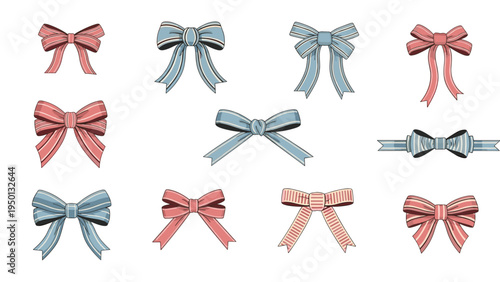 Assortment of decorative ribbons and bows in pink and blue colors with stripes and solid patterns for gift wrapping and craft projects.
