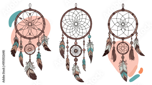 Three hand drawn dreamcatchers with intricate web patterns and colorful feathers on soft abstract background for bohemian style decor.