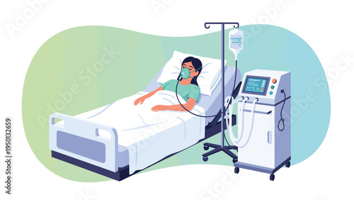 Female patient lying in hospital bed wearing oxygen mask and connected to a ventilator machine for intensive medical care and treatment.