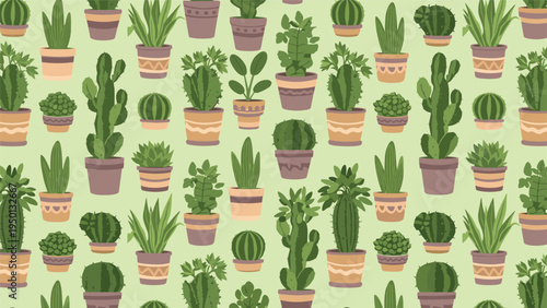 Seamless pattern of various potted cacti and succulents in different ceramic planters on a light green background for nursery decor.