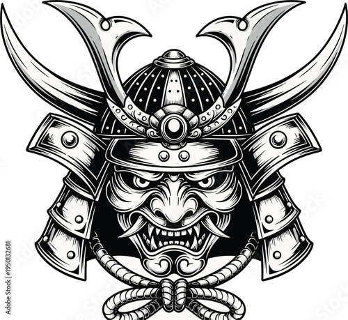 Samurai demon mask helmet illustration, Japanese warrior kabuto armor, fierce oni face, vintage engraving style, black white tattoo design, isolated detailed samurai mythology artwork
