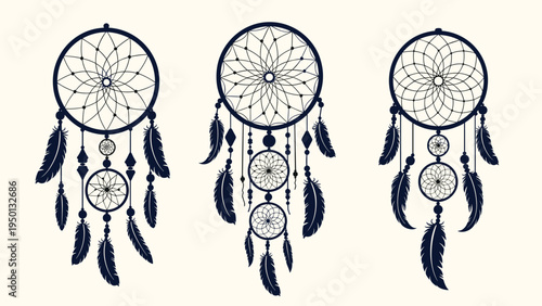 Silhouettes of three intricate dreamcatchers with hanging feathers in a symmetrical arrangement for mystic and spiritual graphic designs.