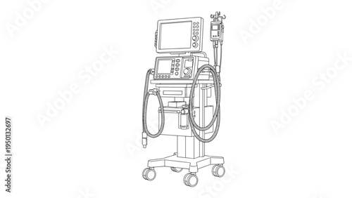 Detailed line drawing of a modern medical ventilator machine with monitors and tubes used for life support in hospital intensive care units.