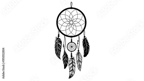 Detailed black silhouette of a traditional dreamcatcher with an intricate web and hanging feathers for spiritual and mystic themed designs.