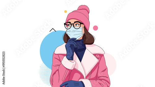 Stylish woman wearing a warm pink winter coat, hat, and glasses adjusting her medical face mask against a colorful geometric background.