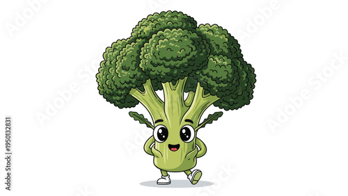 Cute cartoon broccoli character with a happy face and expressive eyes standing on two feet for healthy eating and nutrition education.