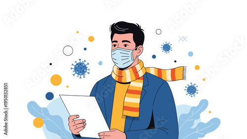 Man wearing a protective face mask and striped scarf holding a document while surrounded by virus molecules for health awareness and safety.
