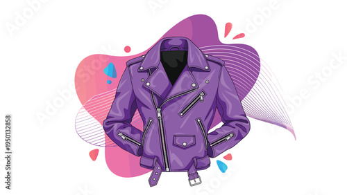 Trendy purple leather biker jacket with silver zippers and belt shown against a dynamic colorful background with abstract waves and dots.