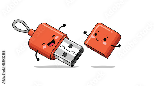 Two adorable orange USB flash drive characters with smiling faces and tiny limbs floating against a white background.