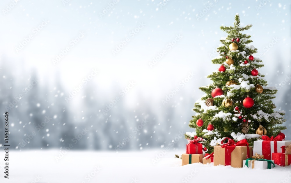 Fototapeta premium Festive Christmas Tree with Ornaments and Gifts in a Snowy Winter Scene