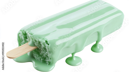 mint green ice cream melting on a wooden stick, isolated against a transparent background. 