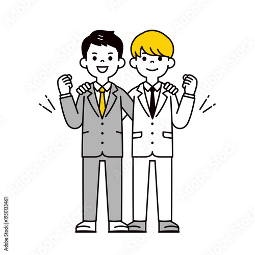 笑顔でタッグを組む、若い2人の会社員・サラリーマン・ビジネスマンの全身ベクターイラスト素材