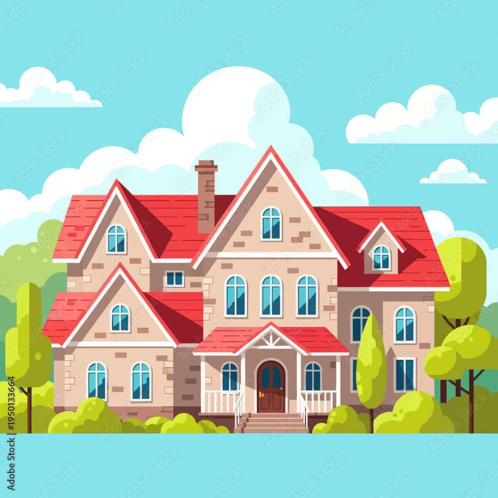 Naklejka premium Two-story residential house with a red roof and porch. Vector illustration of a suburban home with a garden, trees, and blue sky. Perfect for real estate and housing market concepts.
