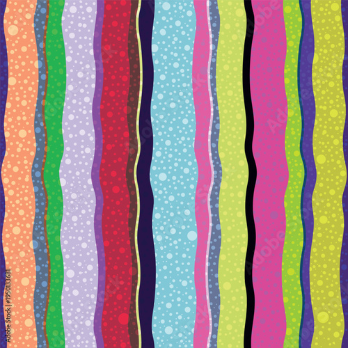 A bright, summery seamless vector pattern of wavy stripes and transparent dots. Suitable for clothing, packaging, and fabric.