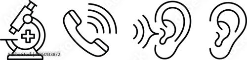 Medical and healthcare icon set including microscope, phone handset with signal, hearing ear and sound waves, line art vector for hospital services.