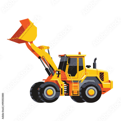 Yellow wheel loader vector illustration. Industrial front-end loader machinery for construction, earthmoving, and mining equipment isolated on white background.