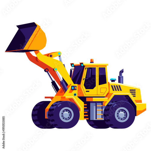 Yellow wheel loader vector illustration. Industrial front-end loader machinery for construction, earthmoving, and mining equipment isolated on white background.