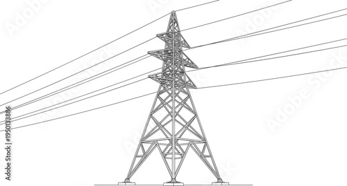 High voltage electric power line pylon tower vector illustration, electrical transmission grid infrastructure, engineering energy supply system, industrial cable line wire.