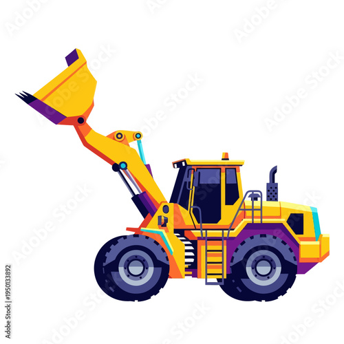 Yellow wheel loader vector illustration. Industrial front-end loader machinery for construction, earthmoving, and mining equipment isolated on white background.