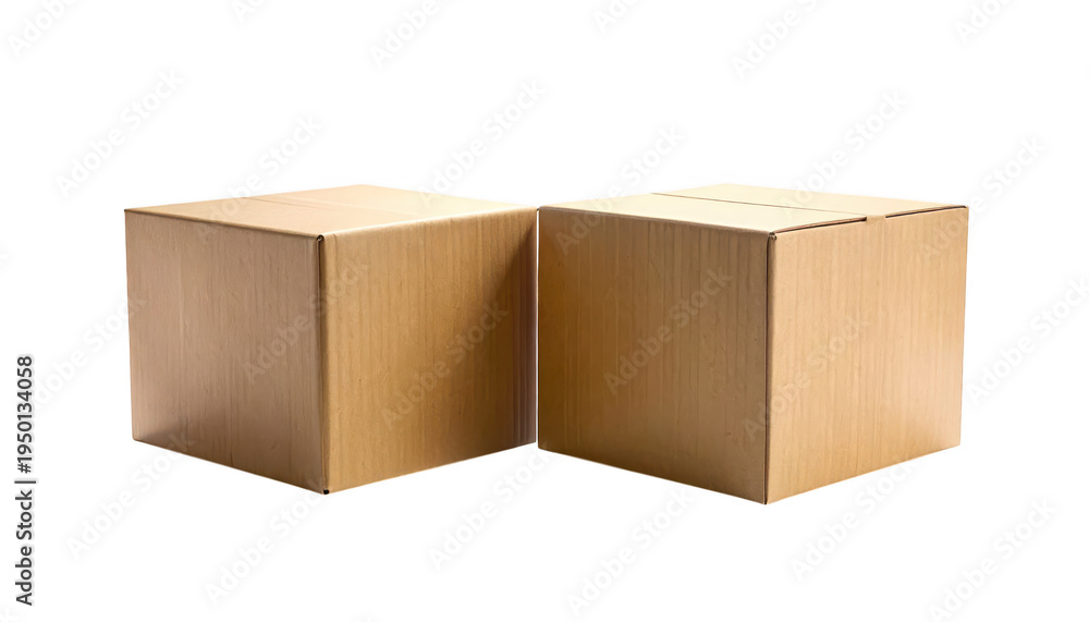 Fototapeta premium Two stacked cardboard boxes isolated on a transparent background png brown rectangular
