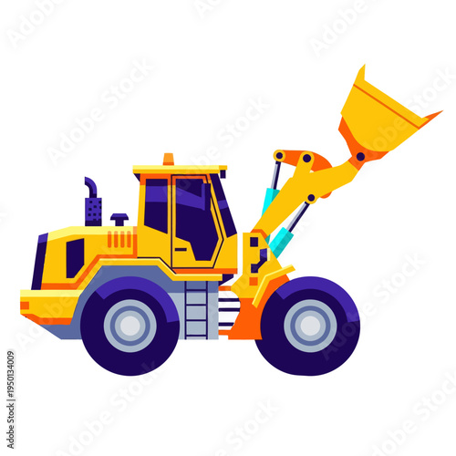 Yellow wheel loader vector illustration. Industrial front-end loader machinery for construction, earthmoving, and mining equipment isolated on white background.