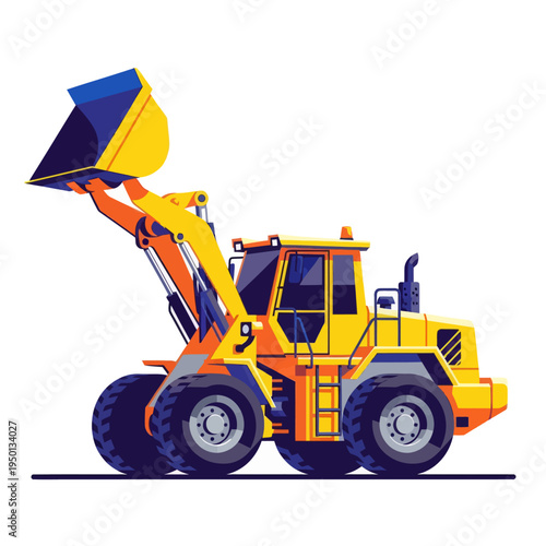 Yellow wheel loader vector illustration. Industrial front-end loader machinery for construction, earthmoving, and mining equipment isolated on white background.