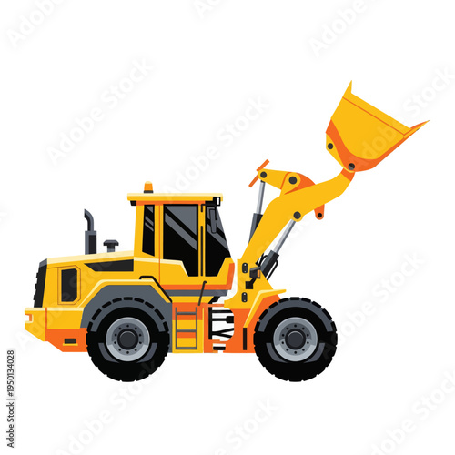 Yellow wheel loader vector illustration. Industrial front-end loader machinery for construction, earthmoving, and mining equipment isolated on white background.