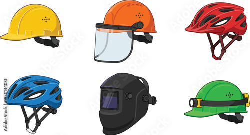 Set of safety helmets and protective headgear vector illustrations, industrial hard hat, welding mask, bicycle helmet, mining light, construction worker equipment icon.