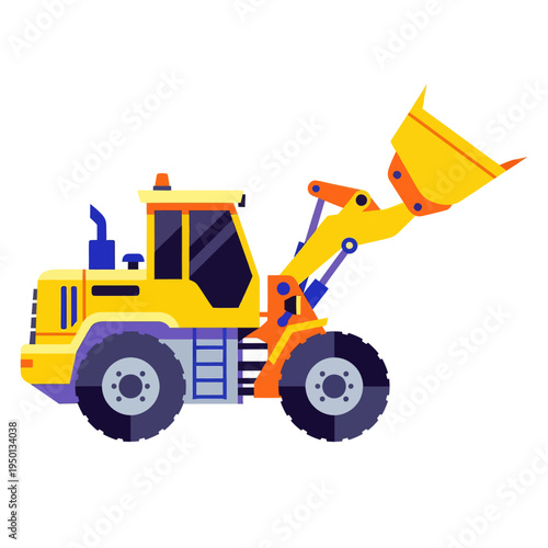 Yellow wheel loader vector illustration. Industrial front-end loader machinery for construction, earthmoving, and mining equipment isolated on white background.